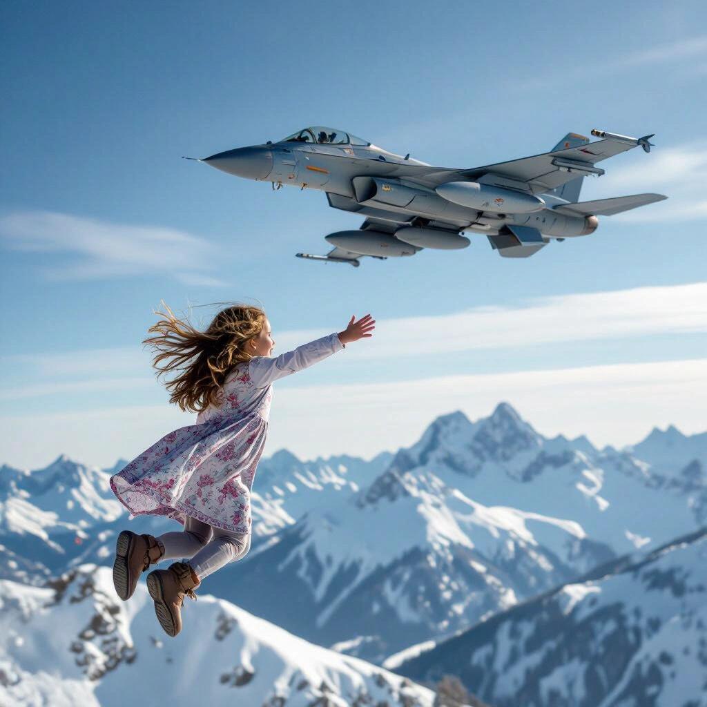 Young girl wearing a dress soaring through the sky next to a fighter jet above snow-capped mountains.
