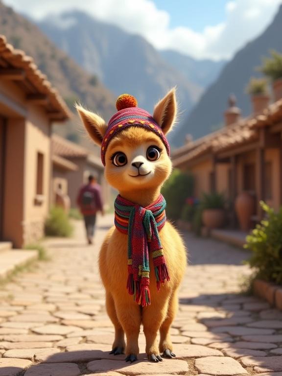 A baby vicuña stands proudly on a stone path. The vicuña has soft caramel fur and long eyelashes. The animal wears a colorful woven scarf and a mini chullo hat. In the background are Inca-style houses and terraced mountains. People in traditional Peruvian attire walk in the village. The scene is bright and joyful.