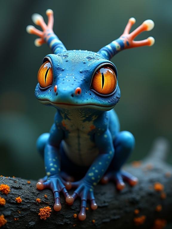 This image showcases a fantastical creature on a textured branch. The creature features a deep blue body with turquoise spots. It has large amber-orange glowing eyes. Unique eyestalks have glowing bulb-like appendages. The creature grips a dark textured branch adorned with orange fungi. The background is softly blurred to emphasize the creature.
