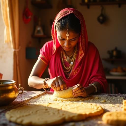 Close up shot of Rajasthani woman shaping Ghewar batter in Jaisalmer sweet shop. Warm sunlight illuminates the scene. Detailed textures of sweets and brass utensils visible. Emphasis on handwork and cultural practice.