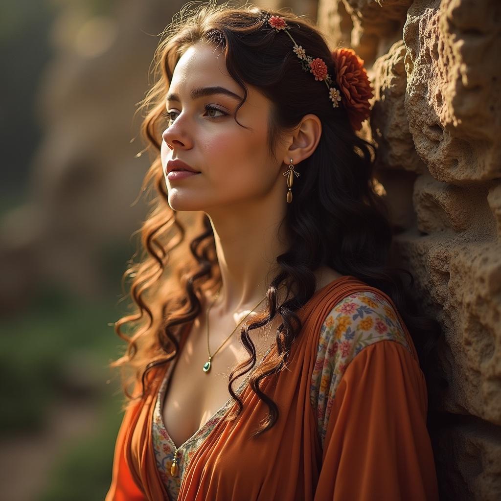 Portrait of a woman with curly hair wearing traditional attire. Natural light creates soft shadows. Flowers in hair add elegance. Background features natural elements.