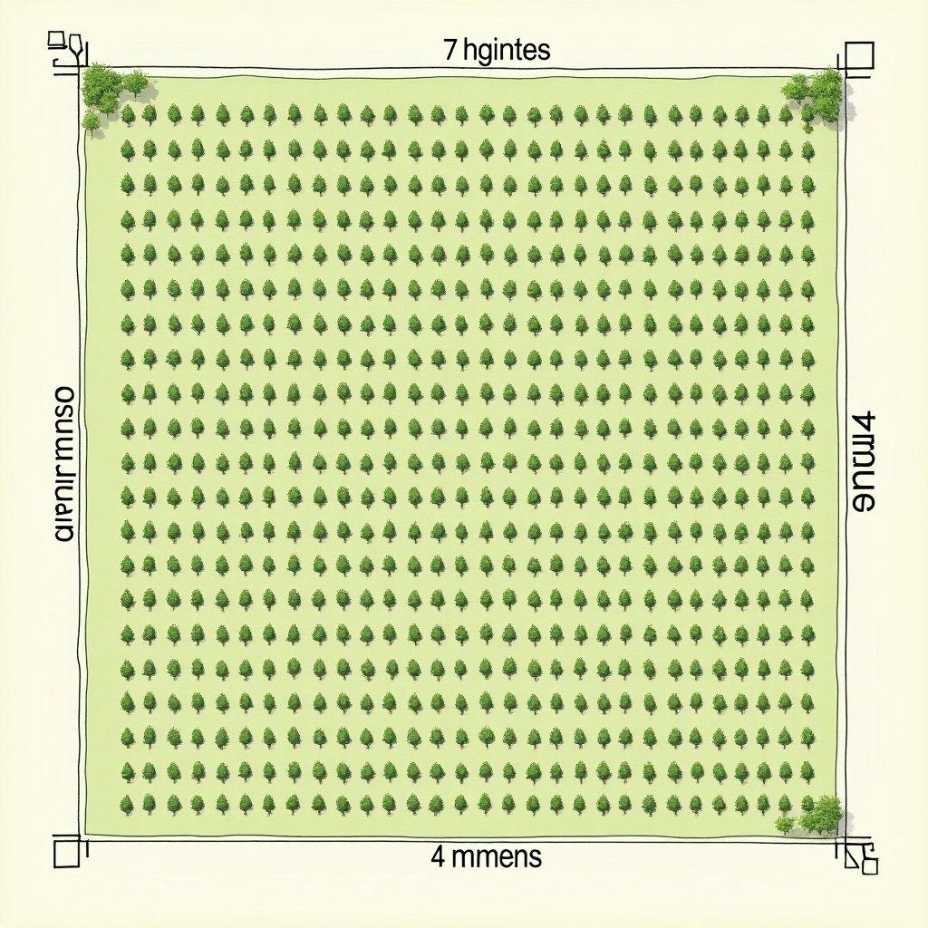 Plan of 7 hectares of land with evenly spaced trees. Each tree is 4 meters apart. Rows are spaced by 7 meters. A 4-meter gap exists between the land edge and the first tree. Tree density is high and uniform.