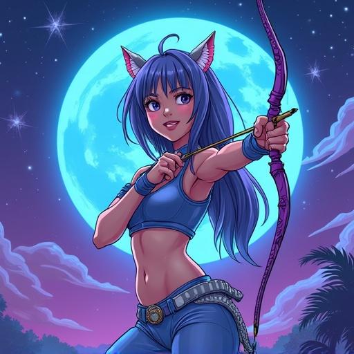 Retro anime style character named Miya. Moonlight setting with blue-purple color scheme. Character poses with a bow and arrow, showcasing archery skills.
