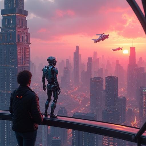 Futuristic cityscape viewed from a high balcony at sunset. Neon lights glow on skyscrapers. Flying cars move in the sky. A humanoid robot stands next to a human observing the skyline. Ultra-detailed and vibrant with cinematic lighting and slight fog.