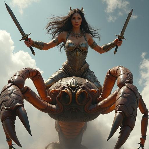 A powerful goddess on a giant scorpion. She wears scorpion armor. Her hair flows in the wind. Two daggers are crossed in her hands. The scorpion features long legs and a curved tail. The scene implies movement as if from a leap. Details are high-quality and stylized. The visual theme is dark and cosmic.