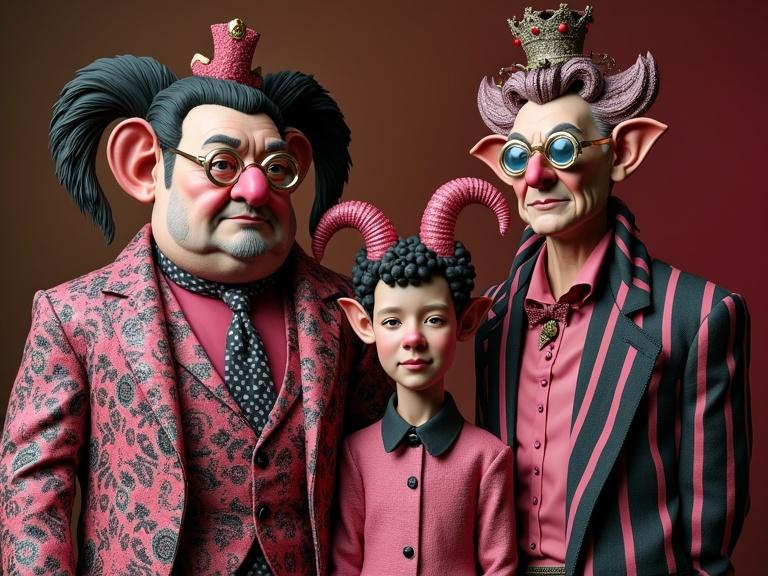 3D portrait of an eccentric family. Characters with unique features and attire. Shades of pink and black clothing with intricate patterns. Soft contrast between characters and background. Hyper-detailed artistic style inspired by Kandinsky and Studio Ghibli.