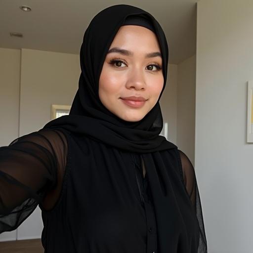 A woman is taking a selfie wearing a black hijab and a sheer black top. She appears confident and is in a well-lit room with soft lighting.