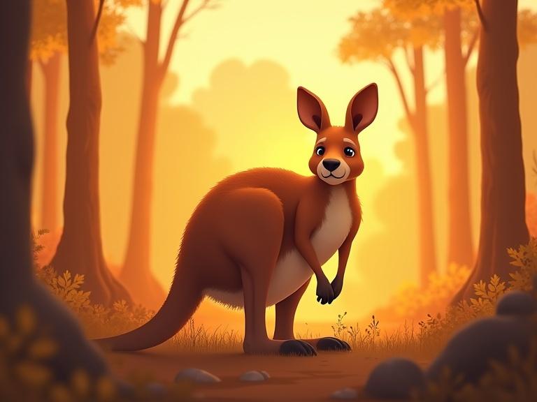 Kangaroo standing in a sunny daytime forest. Emphasizes environmental awareness. Concept art style with orange and amber colors. Use of soft-focus technique for emotional impact.