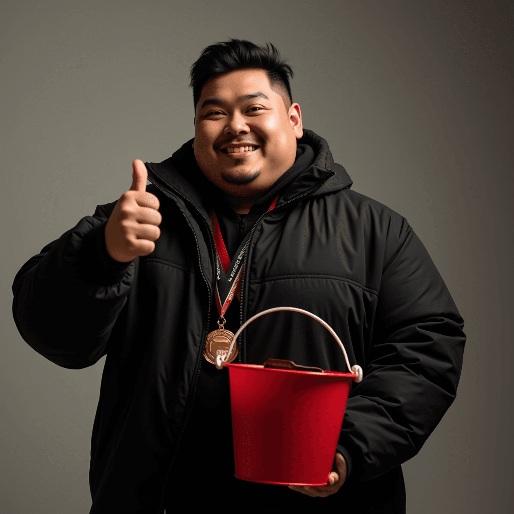 A joyful individual in a black jacket gives a thumbs up, holding a red bucket and wearing a medal.