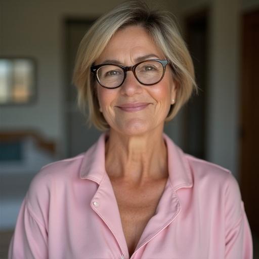 Mature woman with short hair wearing pink nightgown. Neckline more open. Glasses on her face. Soft lighting highlights features. Warm expression exudes confidence.