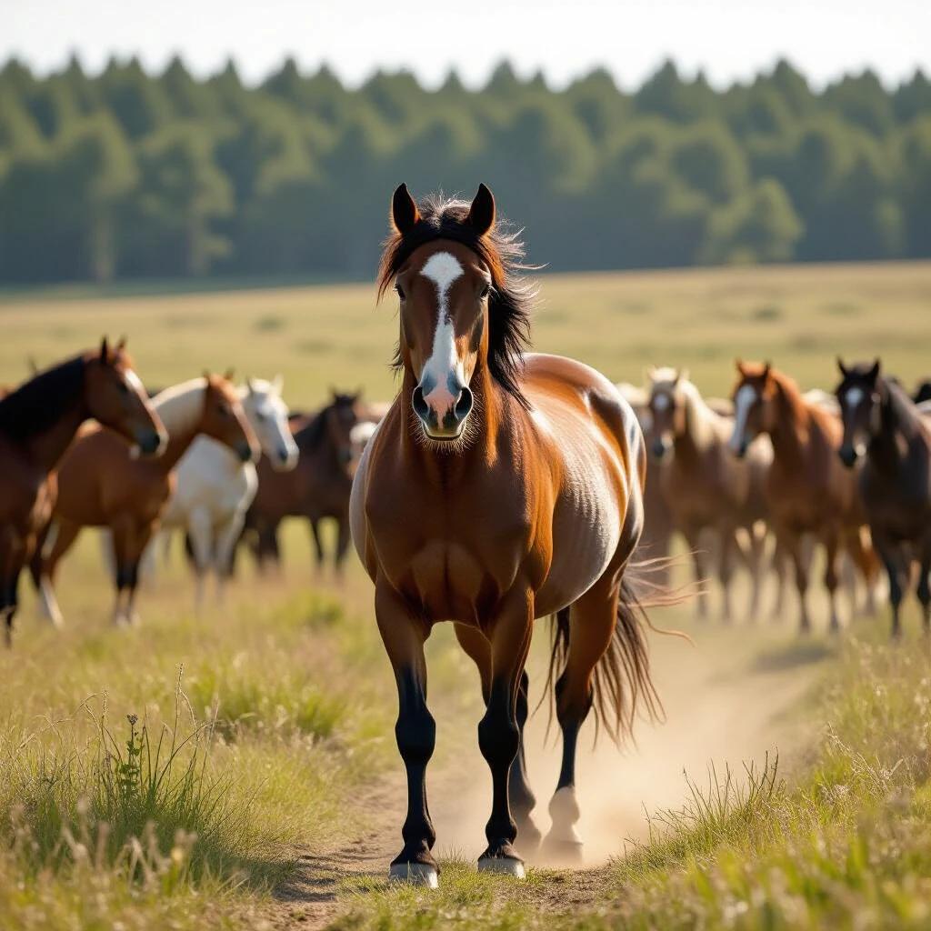 A single brown horse stands confidently in front of a herd of horses. The background is slightly blurred showing many horses in a large farm setting. The scene is alive with natural beauty and tranquility.