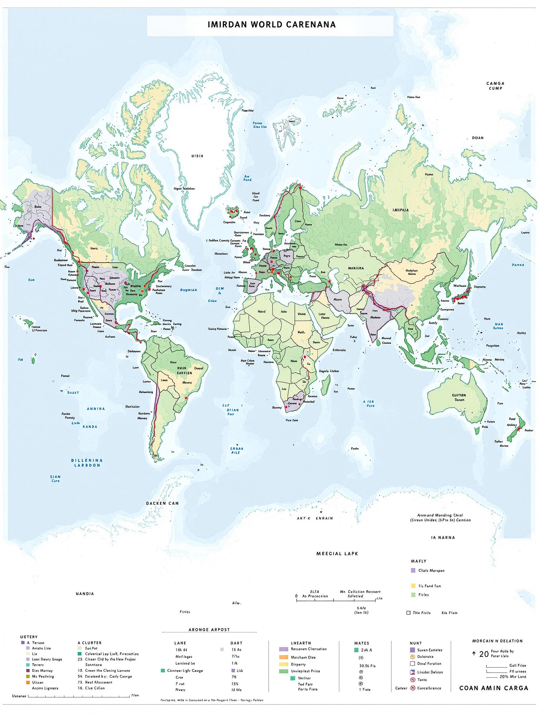 Detailed map of the world showing continents bodies of water and countries. Includes geographical and political boundaries.