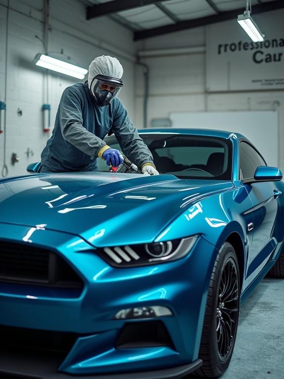 Artistic depiction captures a professional automotive painter in protective gear. Painter uses a spray gun on a sleek ocean blue metallic car. Diffused lighting highlights the vibrant finish of the car. Background shows a well-organized industrial garage with tools and professional signage. The composition emphasizes the process and artistry of car painting.