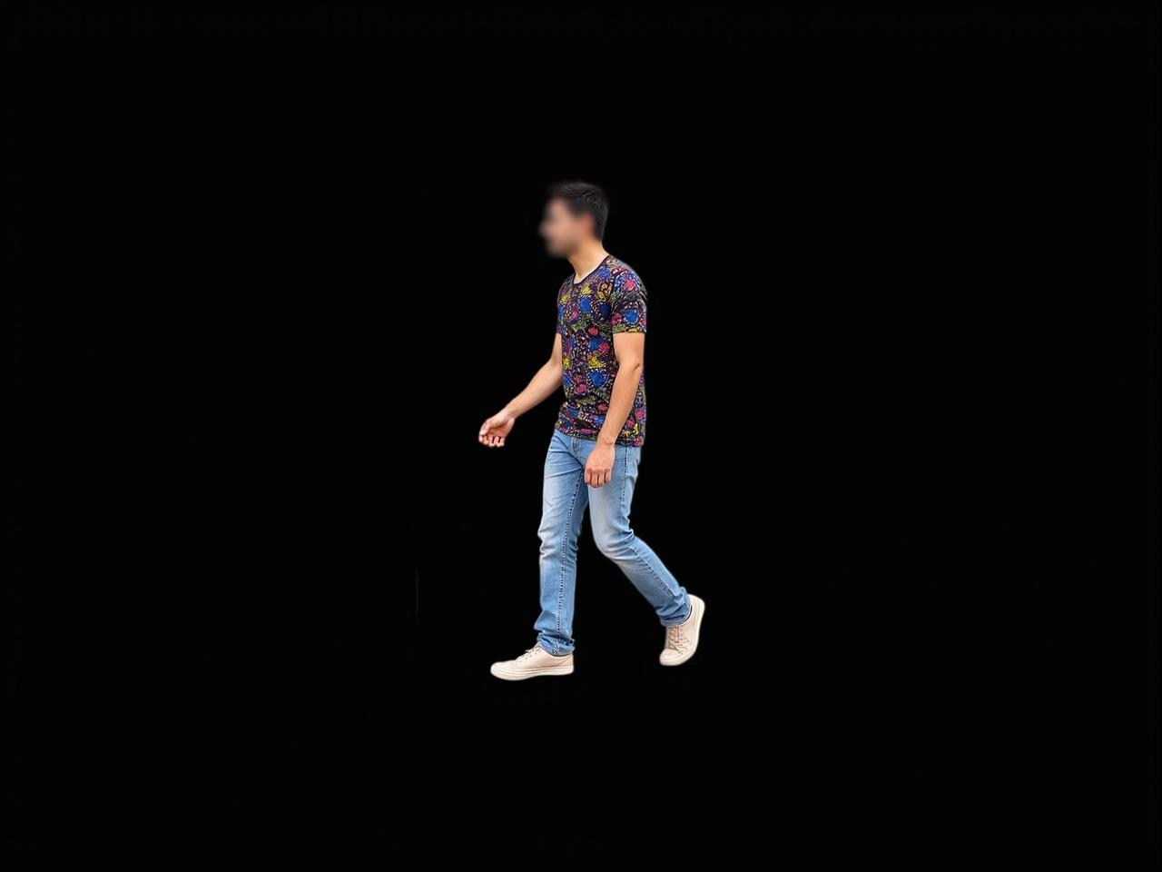 The image features a person walking. He is wearing a colorful patterned t-shirt that has a mix of dark colors and vibrant prints. His jeans are a light blue, fitting closely to his legs. The individual is also wearing light-colored sneakers. The background is completely black, which makes the figure stand out. The person's head has been blurred out for anonymity.