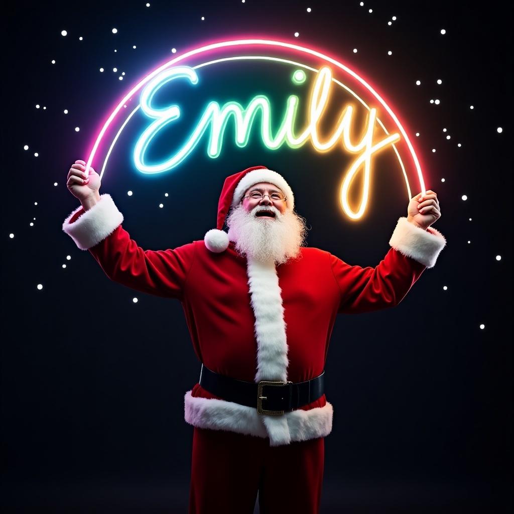 Santa Claus in red and white suit holding a neon sign saying Emily. Dark background with bright colors. Cheerful and warm holiday spirit. Emphasis on festive magic and joy of Christmas.