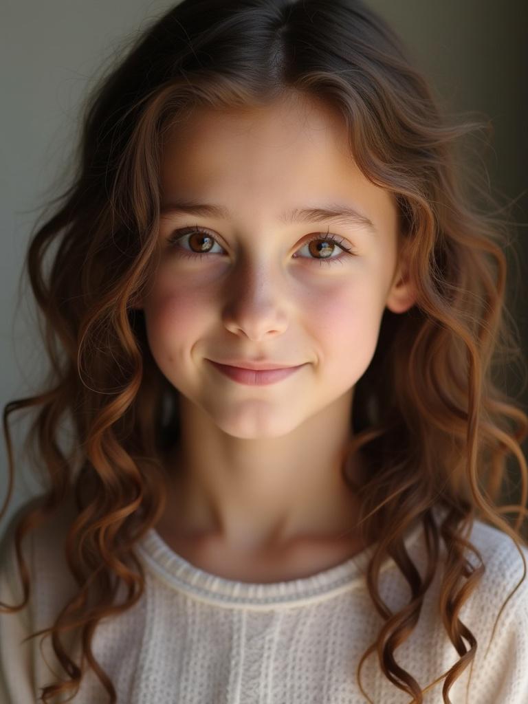 Portrait of a girl with long brown curls. Striking brown eyes. Appears 12 years old. Soft expressions. Captured in natural light.