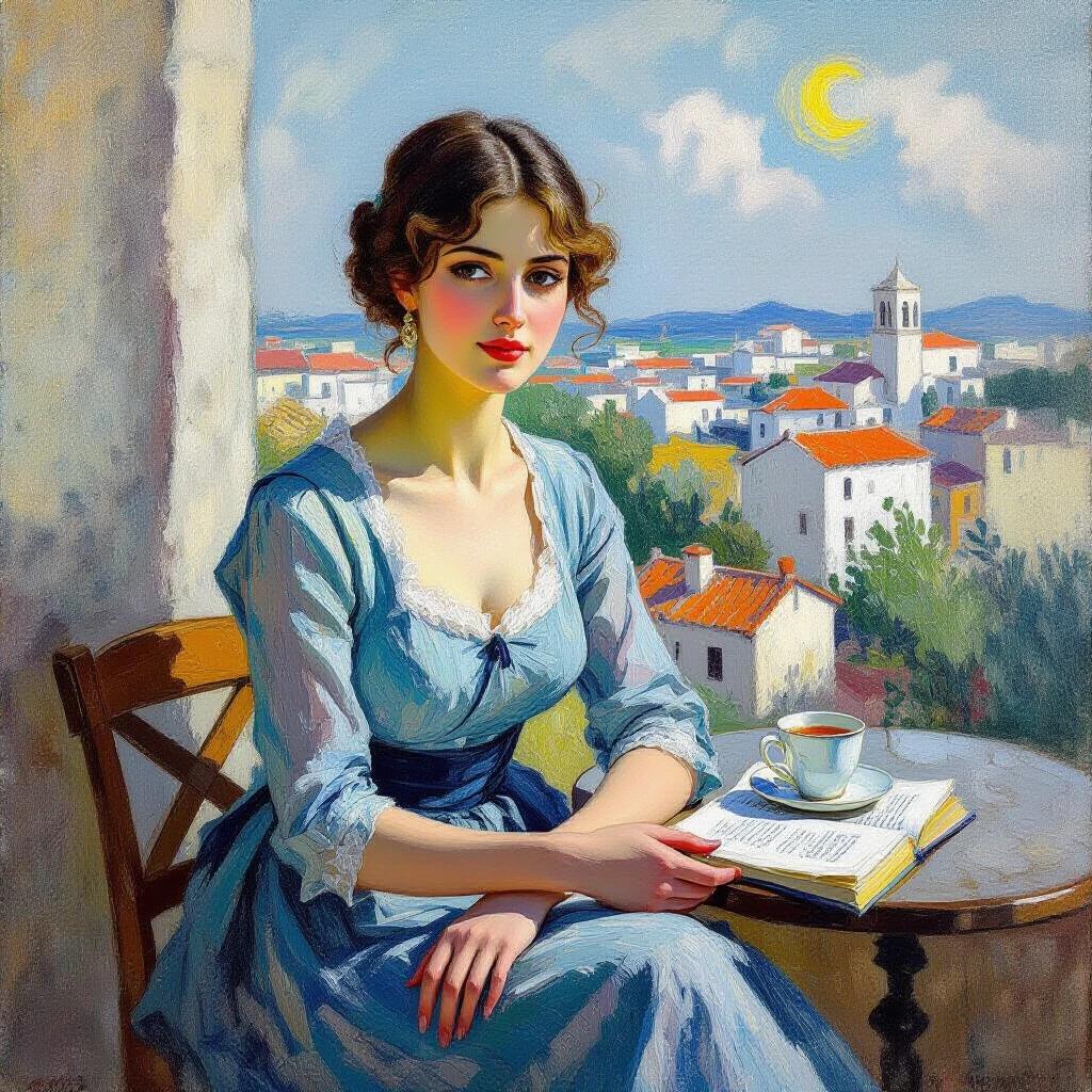 Oil painting depicting a woman in a blue dress sitting at a table. She holds a book and a cup of tea. A sunny landscape is visible in the background. The scene conveys a sense of tranquility and relaxation.