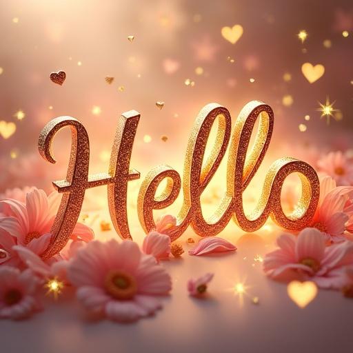 Luxurious 3D render of the word 'Hello' in rose gold font. Surrounded by pink lilies and blooming daisies. Soft petals and floating hearts add to the ambiance. Golden stars sparkle in a warm glow.