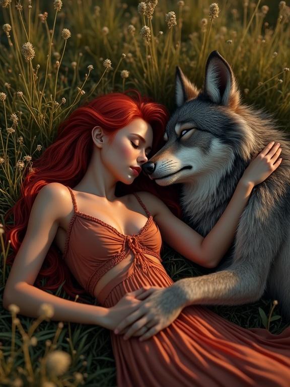 Realistic image depicting a girl with red hair in a summer meadow lying beside a werewolf. The girl is sleeping with her arms outstretched. The werewolf lays protectively with his head on her thighs. Their connection signifies friendship, with warm lighting and hyperrealistic details of their features.