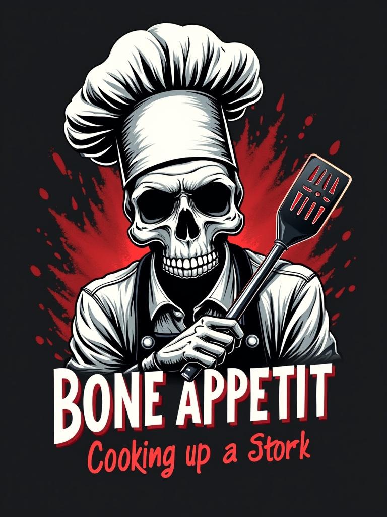 Design a T-shirt featuring a skull wearing a chef's hat. The skull is holding a spatula. The text reads 'Bone Appétit: Cooking up a storm'.