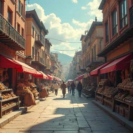 Front view of a vibrant marketplace. Crowds strolling along the lively street. Shops selling local goods. Brightly colored awnings and displays. Natural light illuminating the scene. Town buildings lining the street.