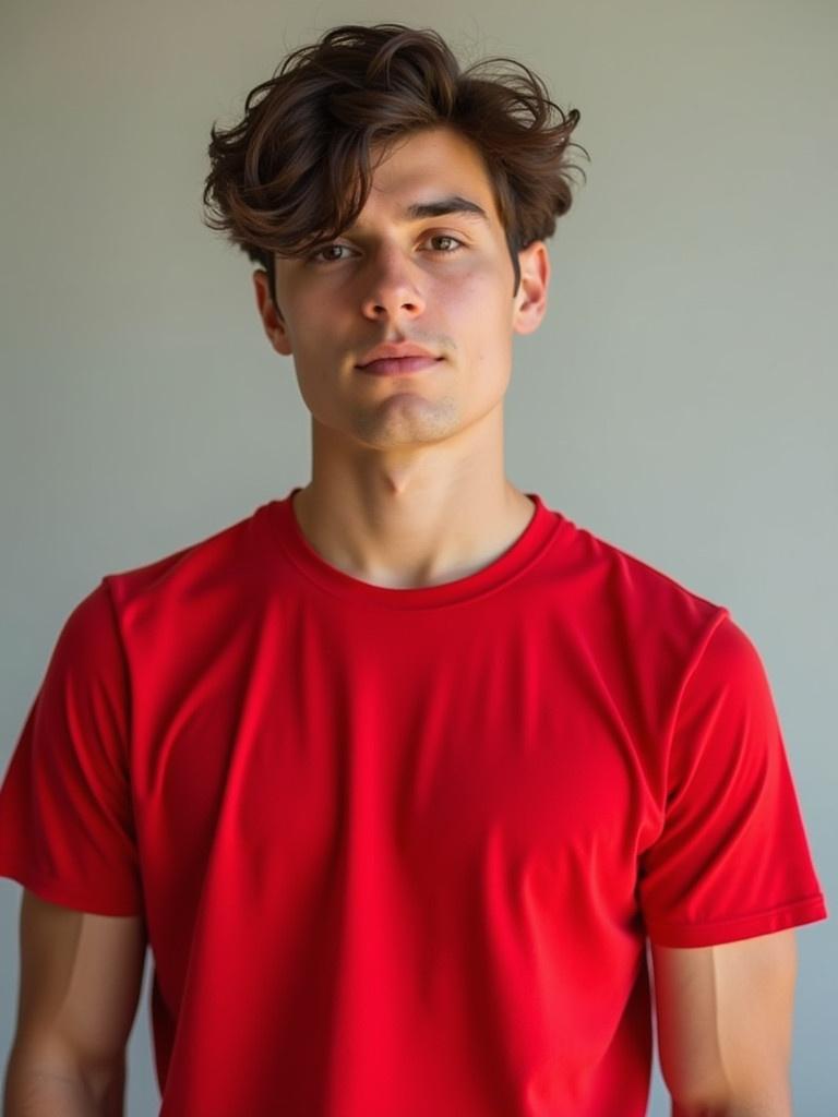 A young man wears a red t-shirt. Background is neutral and soft. Man has a confident posture. The focus is on the outfit and attitude.