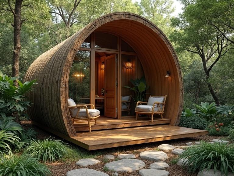 Tiny house cabin in a forest surrounded by greenery and plants. Wooden structure with a curved design. Porch with chairs. Calm and serene atmosphere.