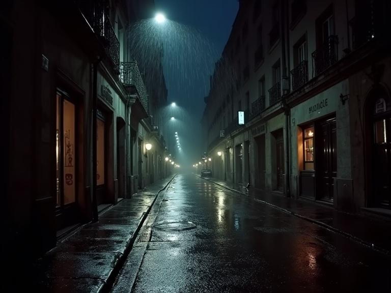 Night view of a Parisian alleyway filled with rain. The setting is the year 1998. The scene presents a cinematic atmosphere.