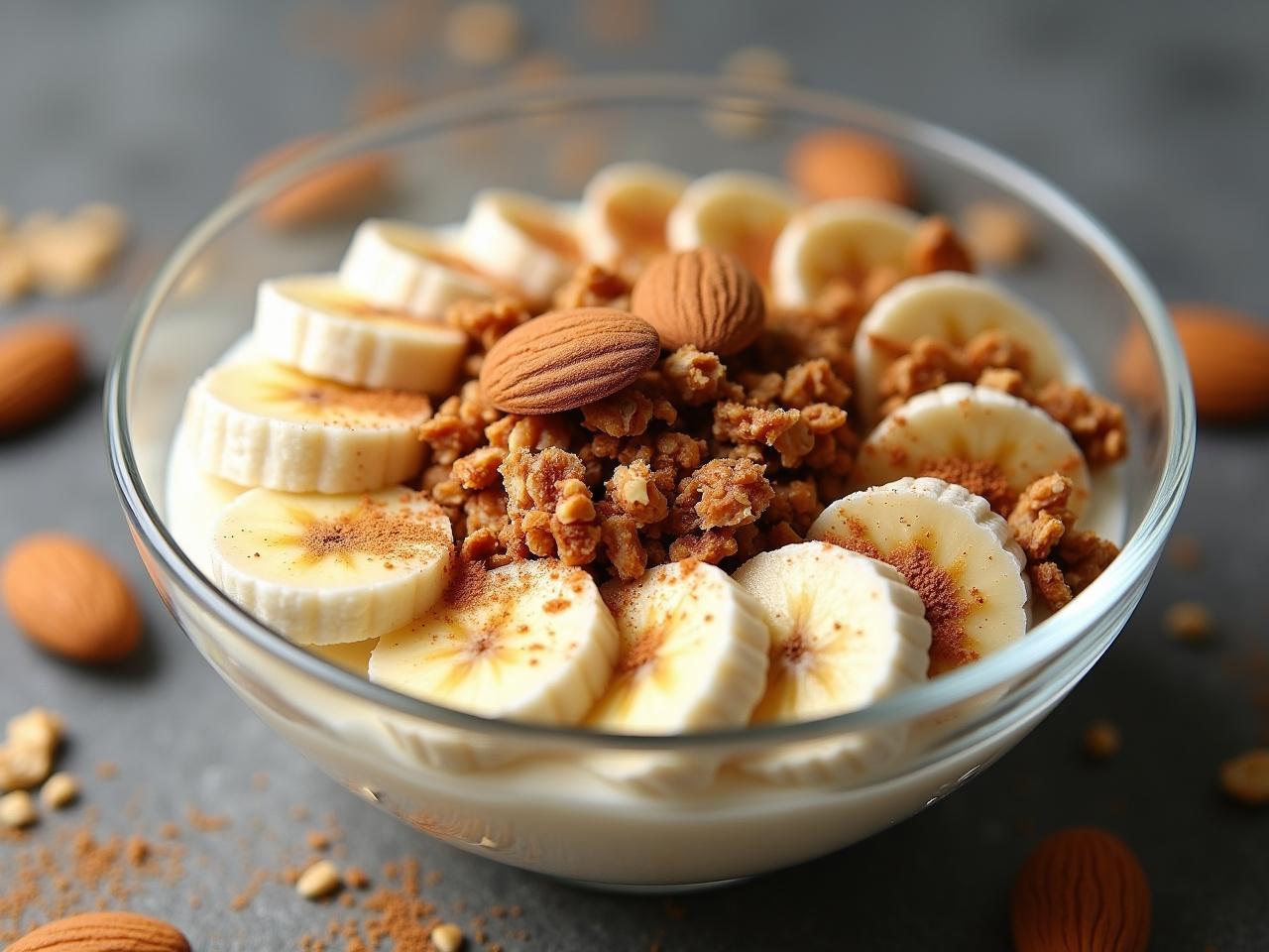 This image showcases a delicious bowl of granola with yogurt, topped with honey, banana slices, and almonds. The granola is sprinkled with a hint of cinnamon, adding a warm touch to the dish. The bowl is transparent and large, allowing the vibrant colors and textures of the ingredients to stand out. The bananas are arranged beautifully, with the almonds positioned on top for added crunch. This photograph is taken in ultra-realistic style, focusing on the freshness and appeal of this healthy breakfast option.