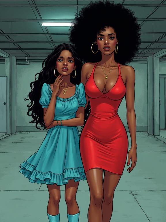 Illustration depicting a mother and daughter. Mother in a tight red dress with an afro hairstyle. Daughter in a frilly blue dress and knee-high socks. Setting is an underground garage. Mother has a cruel smile. Daughter appears terrified.