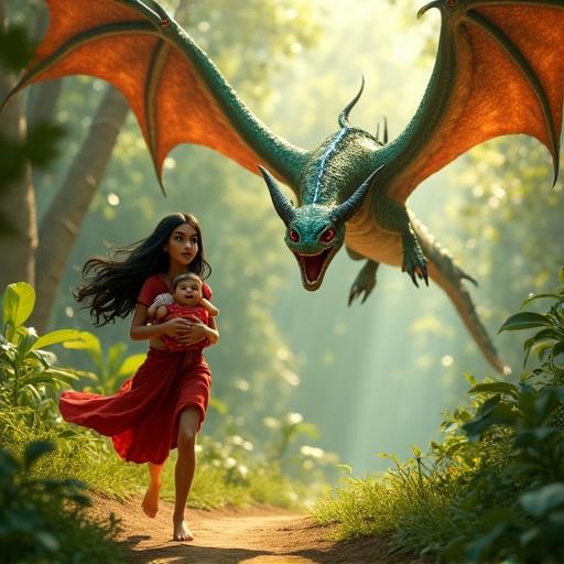 Young woman in red sari runs barefoot in jungle. She protects crying baby in her arms. Distressed but loving expression. Massive flying serpent above them. Serpent has green and gold scales, red eyes, emits blue energy. Scene features dense trees and dramatic lighting.