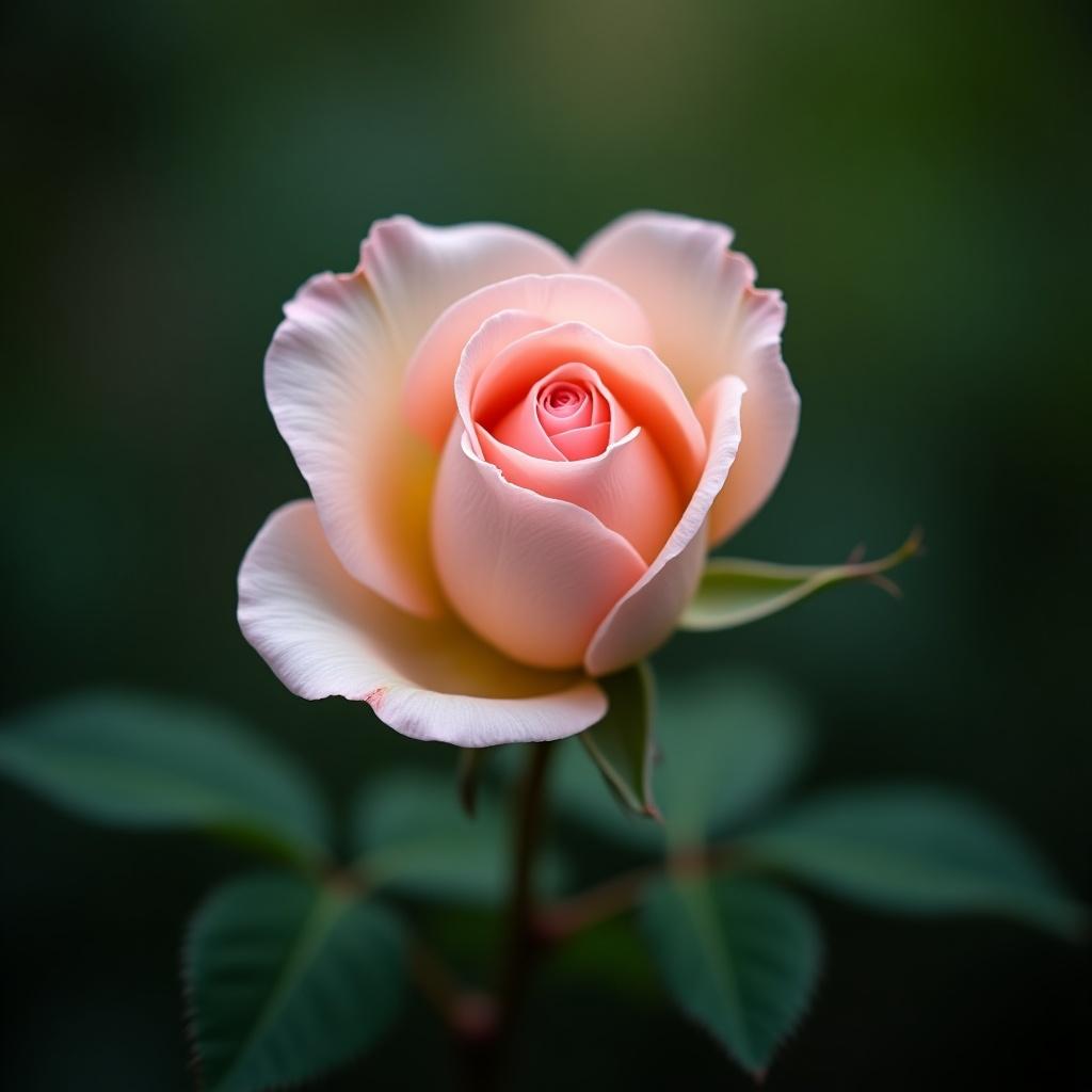 Close-up photograph of a delicate rose blossom. Soft velvety petals with subtle sheen. Blurred green leaves in the background. Emphasis on beauty and fragility. Shallow depth of field focuses on the rose. Romantic and introspective mood.