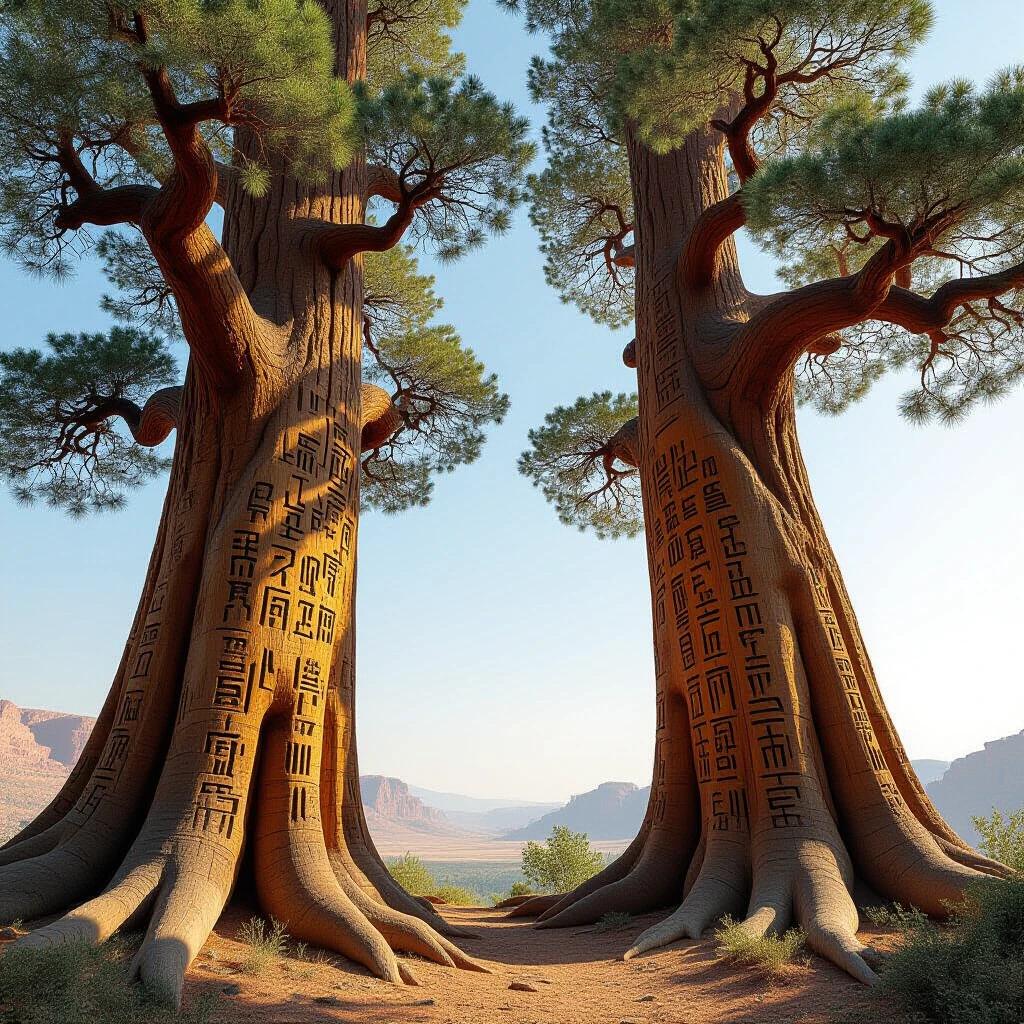 Ancient cedar trees with trunks carrying carved cuneiform symbols. Leaves reaching towards the sky. Detailed and vivid depiction with a white background.