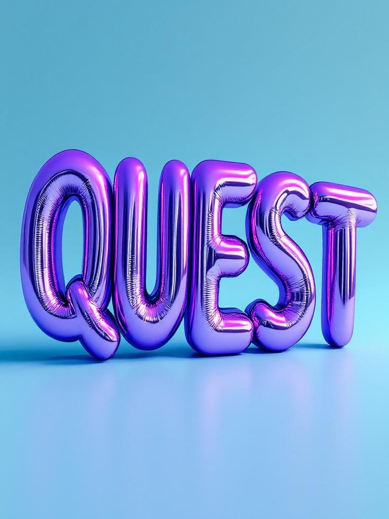 Image of the word QUEST styled as a vibrant light purple sculpture. Sculpture has a glossy, mirror-like finish, capturing light. Letters are balanced, with exaggerated curves and gleaming highlights. Background is light blue, resembling the Caribbean sea. Focus on the contemporary aesthetic of the sculpture.