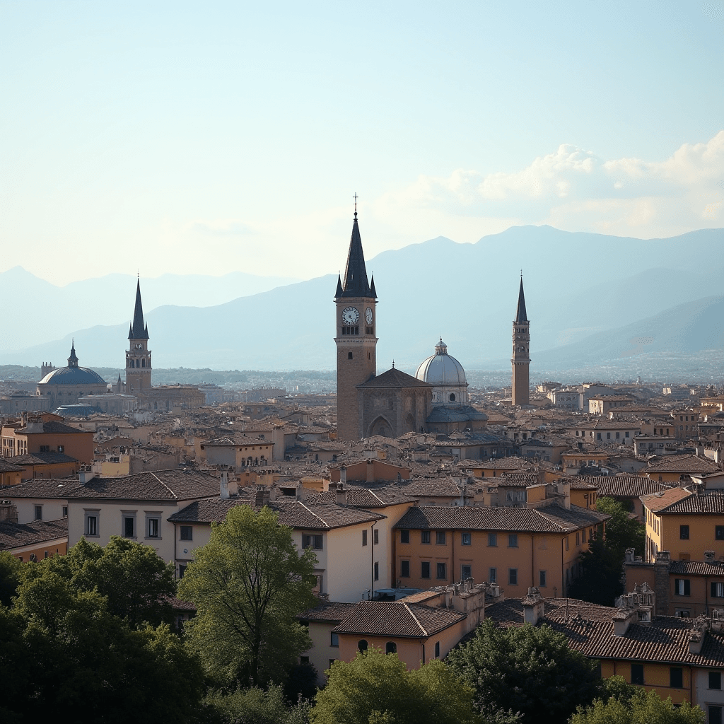 A picturesque view of an Italian city with historical church towers set against a mountainous backdrop.