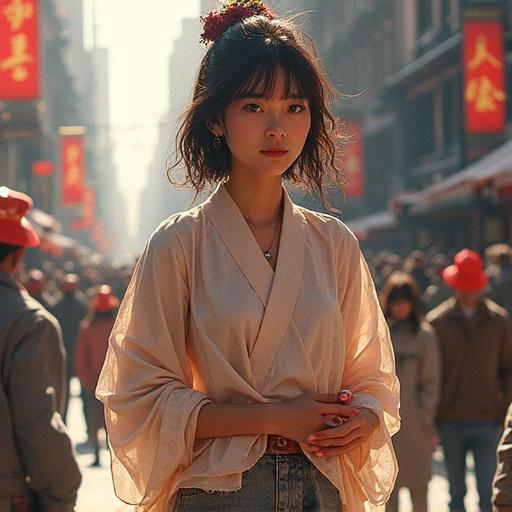 This image captures a portrait of a girl in an urban setting. She has soft, warm lighting surrounding her. The background features blurred city elements, creating a cozy atmosphere. The girl wears a pastel outfit and appears relaxed, exuding a modern, youthful vibe.