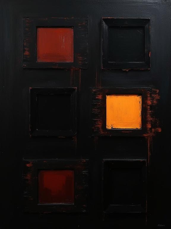 Digital oil painting with a black background. Harsh paint strokes are visible. Cubist and unfinished artistic elements present. Flat colors combine with dynamic silhouette design. Minimalist style showcases repeating voids shaped like film negatives. Shadows blend with cubist edges resembling film strips.
