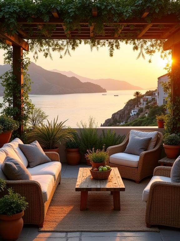 Image of a coastal terrace at sunset with comfortable wicker furniture, potted plants, and a scenic view of the ocean and mountains. A rustic coffee table features fruits, enhancing the inviting atmosphere.