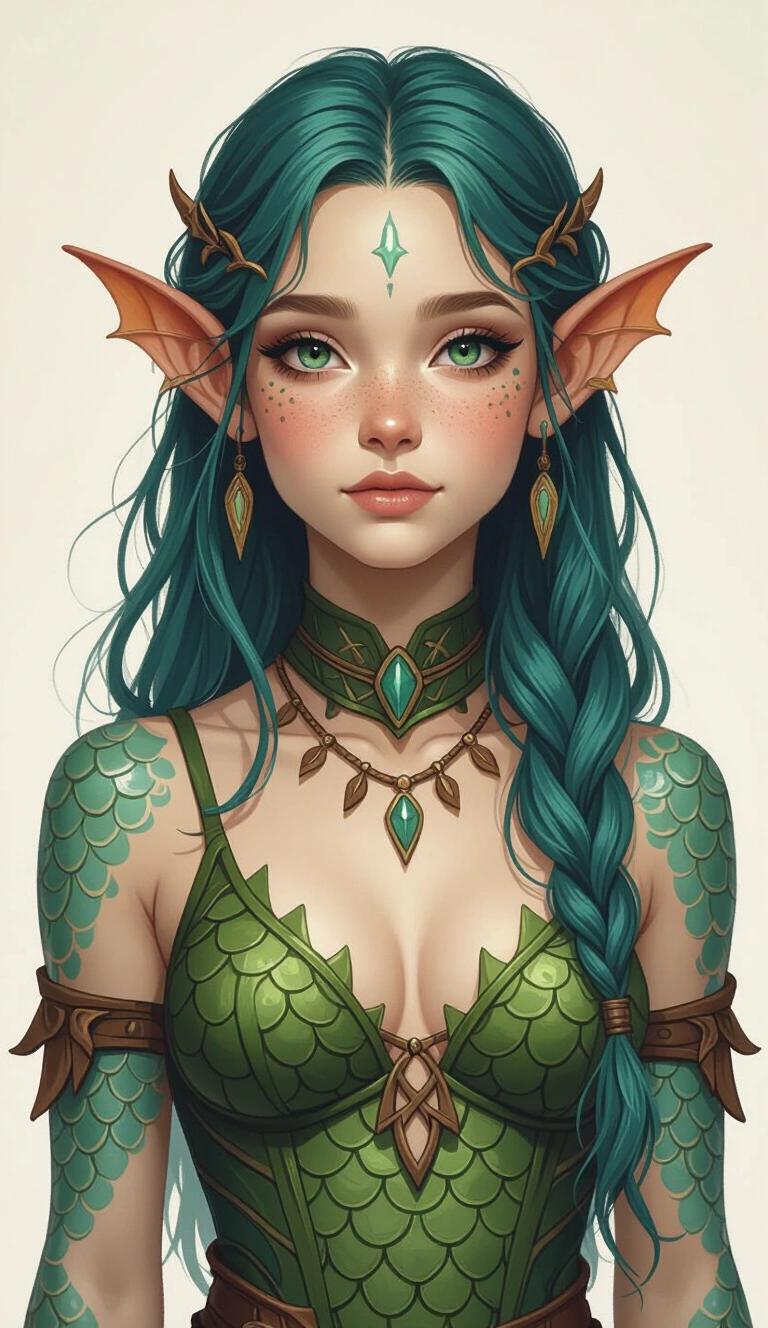 Acrylic painting style of a young druidic character. Voluptuous fish-like girl with Triton features. Sharp finned-webbed ears. Skin is fully teal with fish scales. Green hair styled with a braid. Wears fantasy-inspired clothing with scales. This character appears to be around 16 years old and feels inhuman with elements of amphibian-like traits.