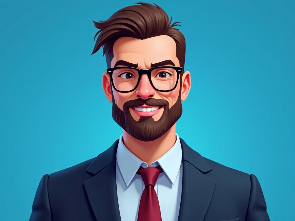 This image depicts a man with a well-groomed beard and stylish glasses wearing a formal suit and tie. He is set against a vibrant blue background that enhances his appearance. The character has a friendly smile and exudes a professional demeanor. This artwork embodies a digital avatar style, perfect for personal branding. It can be used as a profile picture on social media platforms or professional websites.