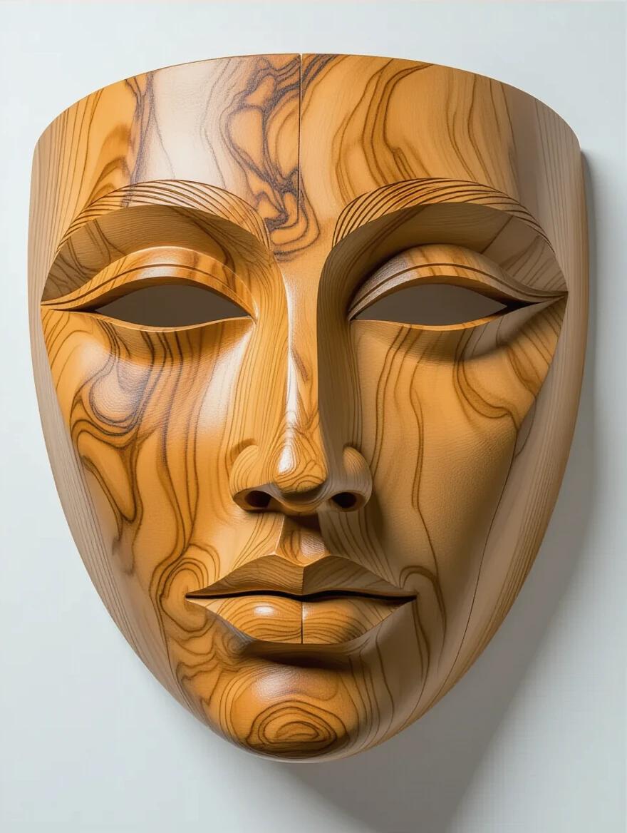 A Roman wooden mask carved from olive wood. The mask features a straight grain and pale finish. Deep carved lines detail eyes and mouth. Textured carving represents facial features. The grain adds visual interest. Shading emphasizes carved depths.