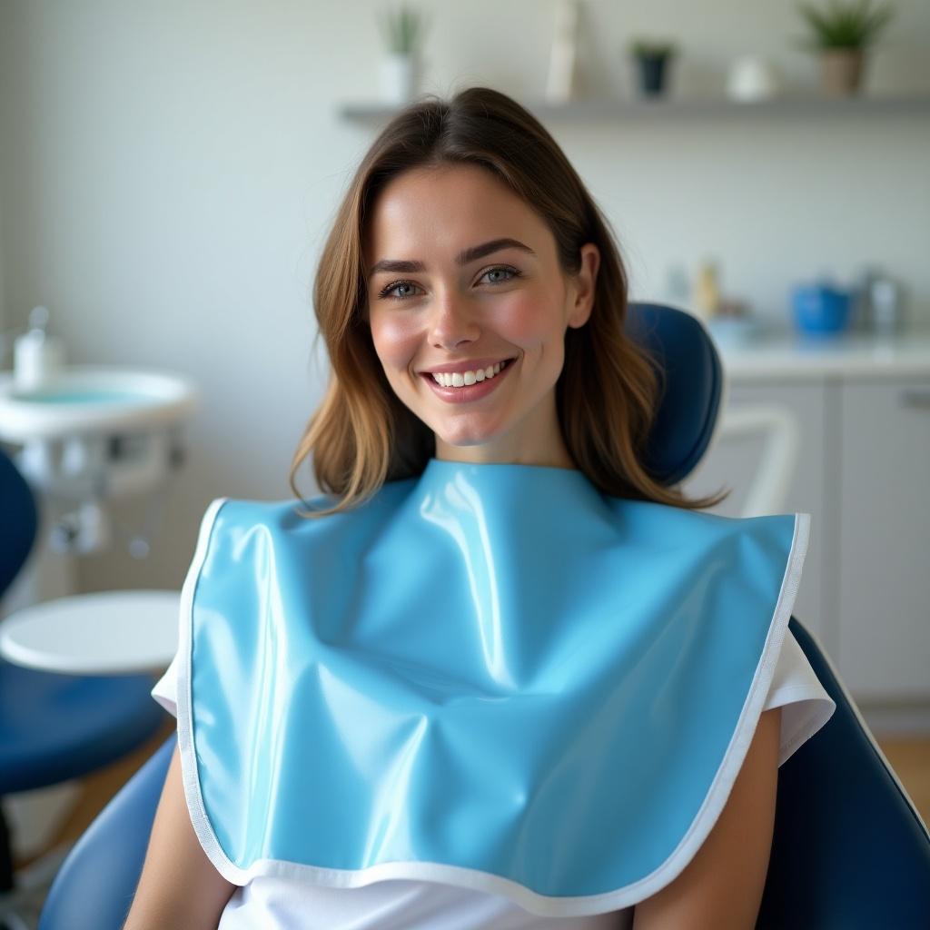 This image features a beautiful woman sitting in a dentist's chair. She is wearing a large, soft, shiny blue plastic bib with white edges that drapes over her clothing down to her waist. The setting is bright and modern, with equipment visible in the background. The woman has a warm smile, portraying a sense of calm and comfort. This conveys a positive atmosphere associated with dental visits, highlighting the importance of dental care.