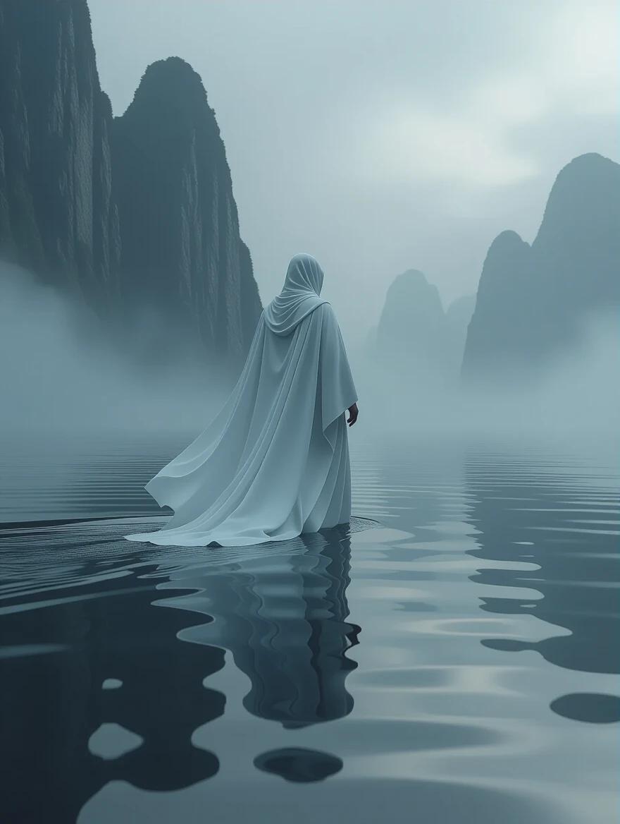 A solitary figure walks on still black waters. Dressed in flowing white robes. Surrounding mountains shrouded in atmospheric haze. The water reflects the figure and landscape like a mirror. The scene has dramatic lighting and a grimdark mood. This is a surreal and symbolic imagery with ornate details. The perspective enhances the figure's isolation amidst nature's grandeur.