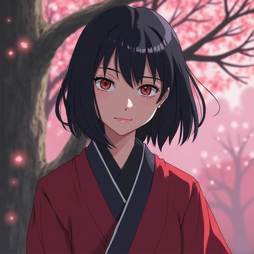 Image of a stylized anime character resembling Sakura from Naruto. Character features red eyes and short black hair. Background shows cherry blossoms in full bloom with dark trees. Character wears a traditional red outfit.