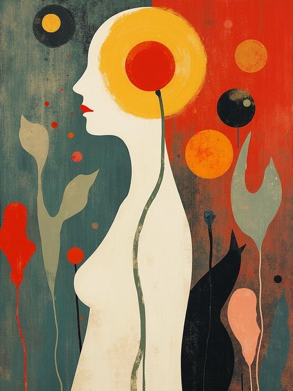 An ethereal figure styled in a modernist fusion. The figure has a glowing circle as a head. Background features bold colors and abstract forms. Style influenced by notable modern artists.