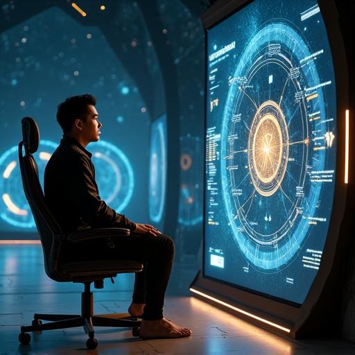 Futuristic quantum biofeedback control station. Seated male user wearing EEG headband and wristbands barefoot on a sensing pad. Holographic displays visualizing brainwaves and causal graphs. Cosmic dashboard UI with glowing phi symbols. Dimly lit quantum laboratory with starlit dome. Deep indigo, gold, bioluminescent cyan colors. Serene and powerful mood. Photorealistic and high-detail style.