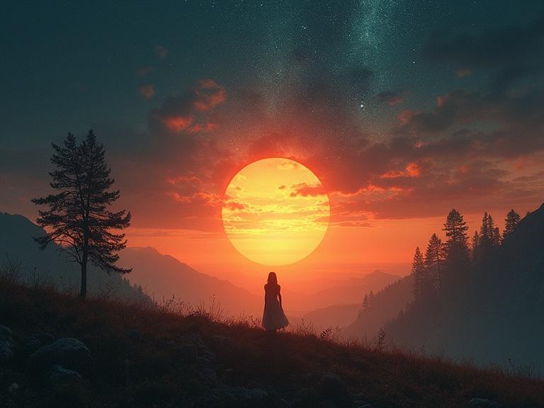 A breathtaking image shows a sunrise landscape. A woman is depicted tearing away the night sky. This scene combines photorealism and surrealism. The atmosphere resembles a cinematic visual. The woman stands on a hillside. The background features majestic mountains illuminated by the sun.
