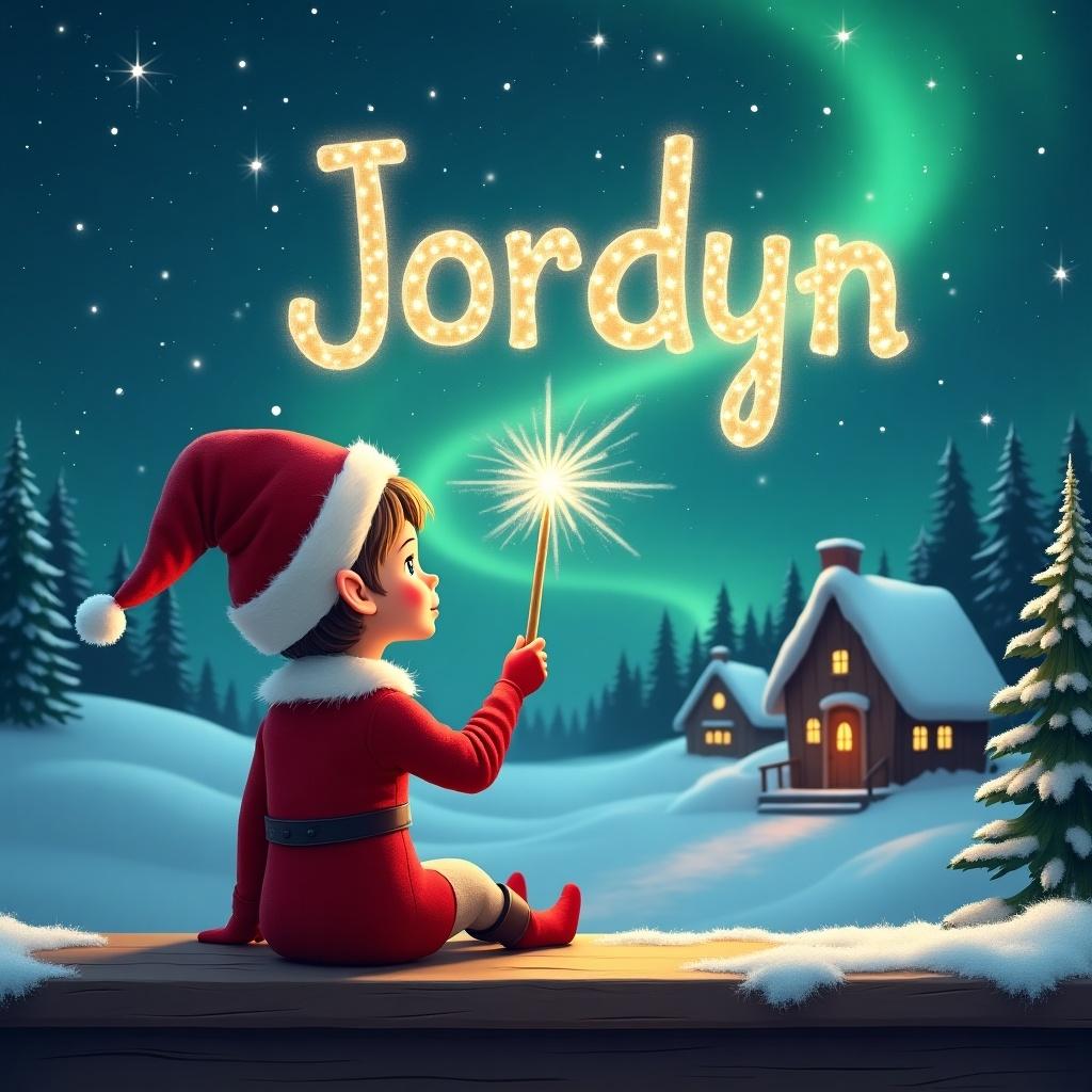 Elf sits on wooden ledge gazing at magical starry sky. Elf wears red outfit with pointed hat. Sparkling wand held by elf writes name Jordyn in sky. Background features snowy landscape with charming houses and evergreen trees. Scene captures essence of childhood magic and Christmas cheer.