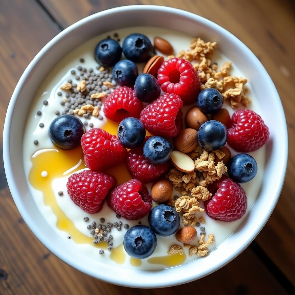 Bowl of yogurt filled with raspberries blueberries hazelnuts granola chia seeds and honey. A top view showcasing vibrant colors and textures.