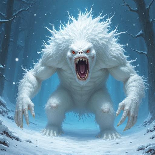 A fearsome albino blizzard monster emerges in a snowy forest. The creature has vivid red eyes, sharp teeth, and a wild mane of white fur. Its claws are elongated, ready to pounce. The background features tall, snow-covered trees under a dim, icy light.